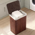 COZONY Folding Bamboo Laundry Hamper with Lid, 28 Gal / 106L Wooden Clothes Basket with Washable Liner, Slim Storage for Small Bedrooms & Dorms