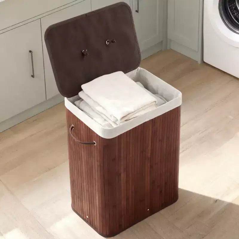 COZONY Folding Bamboo Laundry Hamper with Lid, 28 Gal / 106L Wooden Clothes Basket with Washable Liner, Slim Storage for Small Bedrooms & Dorms