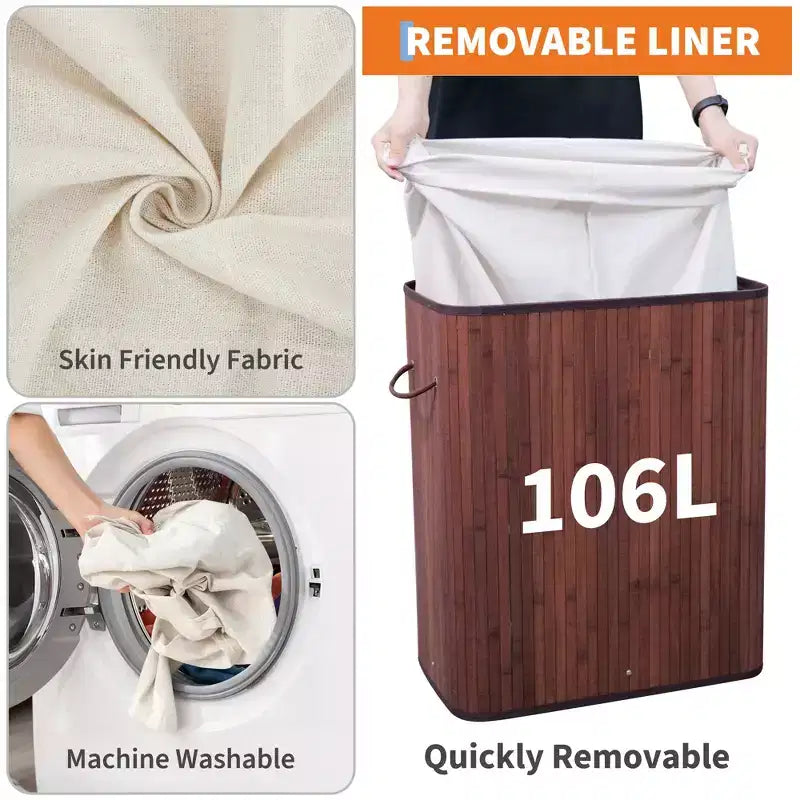 COZONY Folding Bamboo Laundry Hamper with Lid, 28 Gal / 106L Wooden Clothes Basket with Washable Liner, Slim Storage for Small Bedrooms & Dorms