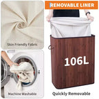 COZONY Folding Bamboo Laundry Hamper with Lid, 28 Gal / 106L Wooden Clothes Basket with Washable Liner, Slim Storage for Small Bedrooms & Dorms