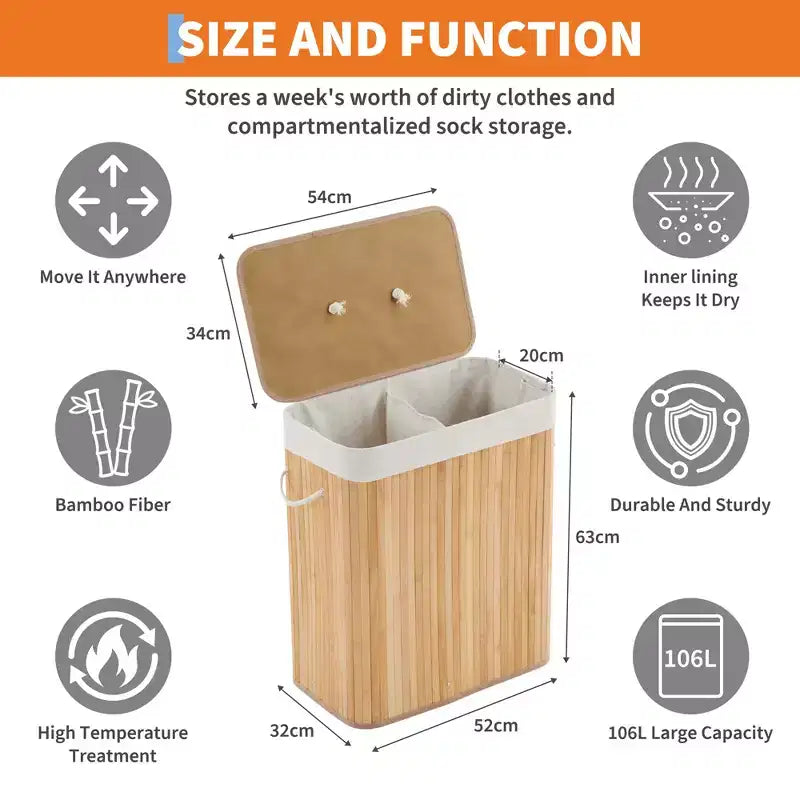 COZONY Folding Bamboo Laundry Hamper with Lid, 28 Gal / 106L Wooden Clothes Basket with Washable Liner, Slim Storage for Small Bedrooms & Dorms