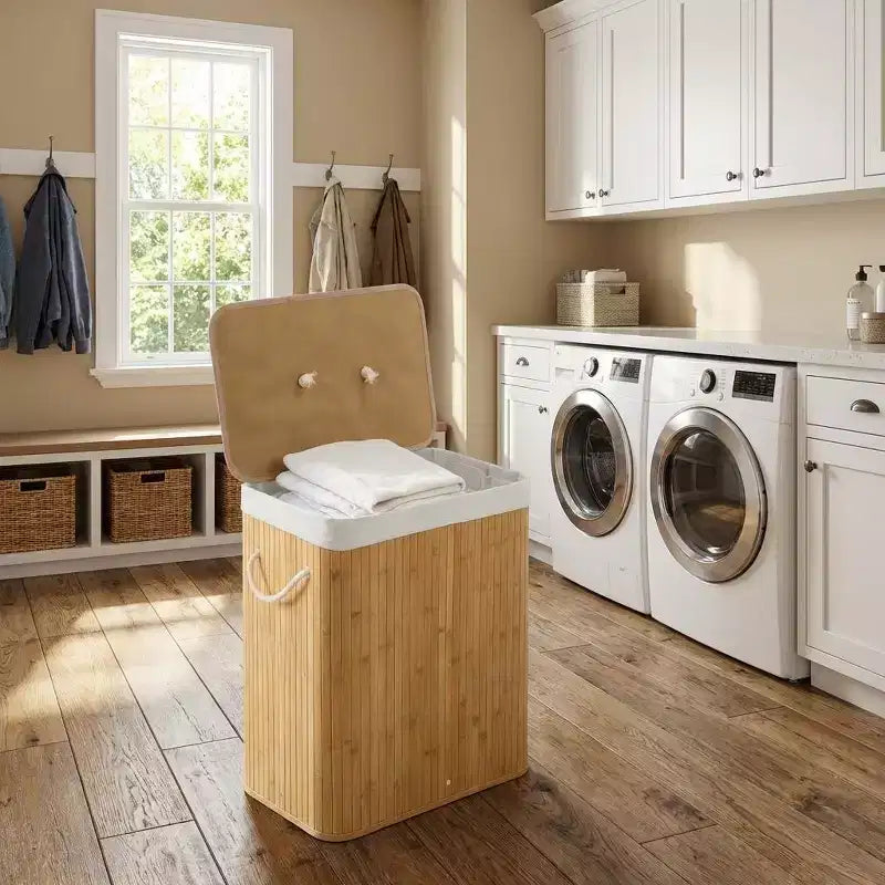COZONY Folding Bamboo Laundry Hamper with Lid, 28 Gal / 106L Wooden Clothes Basket with Washable Liner, Slim Storage for Small Bedrooms & Dorms