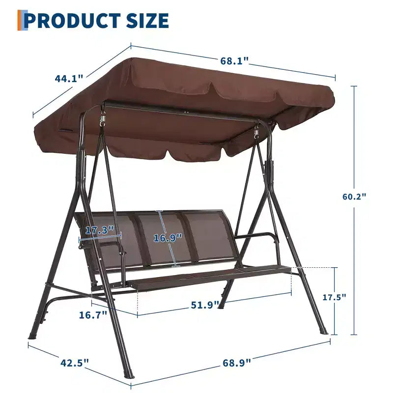 Heavy-Duty 3-Seat Outdoor Patio Swing Chair with Adjustable Canopy, Waterproof & UV Resistant, Non-Slip Feet & Strong Spring Hooks, Perfect for Patio