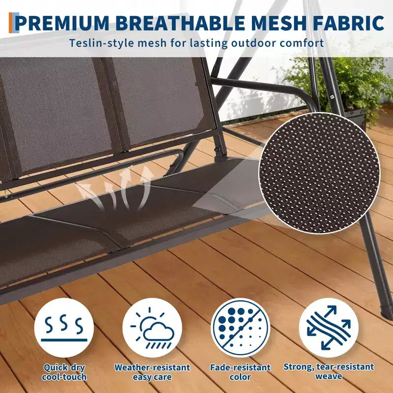 Heavy-Duty 3-Seat Outdoor Patio Swing Chair with Adjustable Canopy, Waterproof & UV Resistant, Non-Slip Feet & Strong Spring Hooks, Perfect for Patio