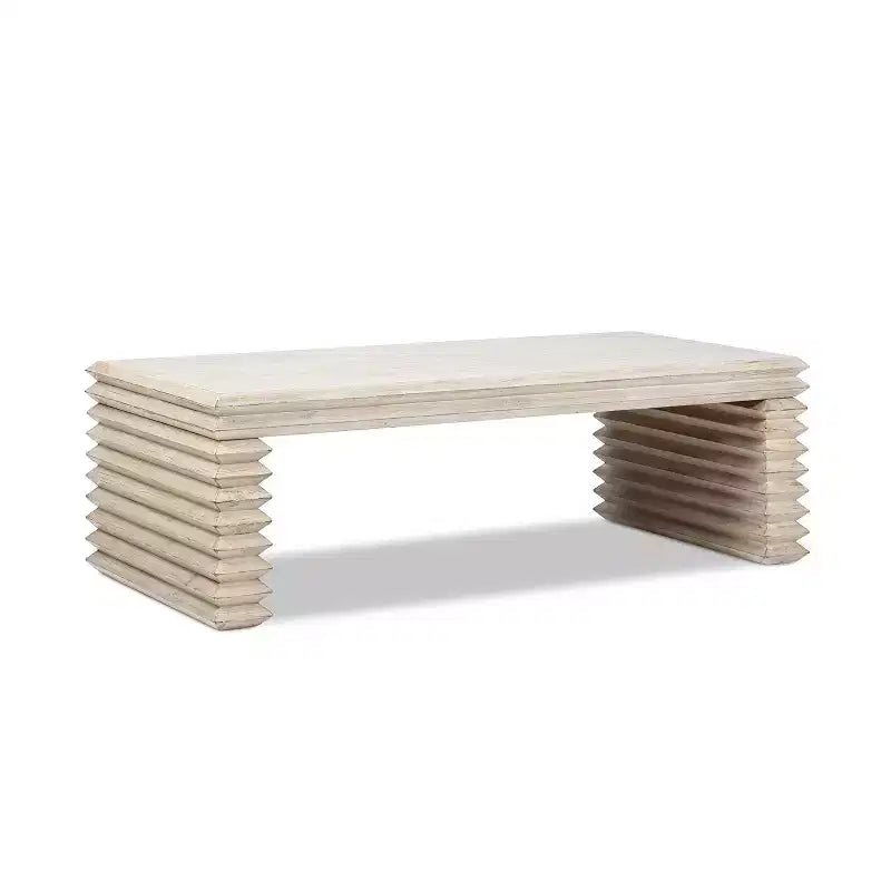 Jennifer Taylor Home Veda 55 Reclaimed Wood Stacked Geometric Waterfall Coffee Table, Whitewashed Natural Reclaimed Pine Wood