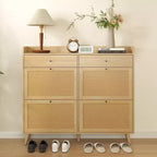 Farmhouse Rattan Entryway Shoe Cabinet, 4 Turn Drawers, 2 Pull-Out Drawers, Hidden Shoe Rack, for Hallway, Living Room
