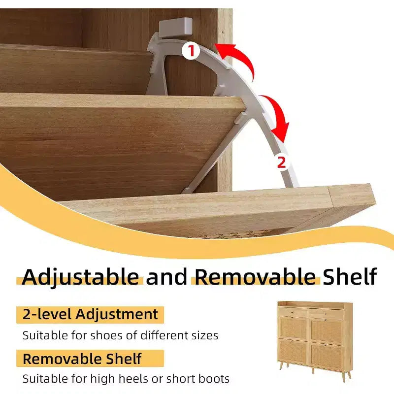 Farmhouse Rattan Entryway Shoe Cabinet, 4 Turn Drawers, 2 Pull-Out Drawers, Hidden Shoe Rack, for Hallway, Living Room