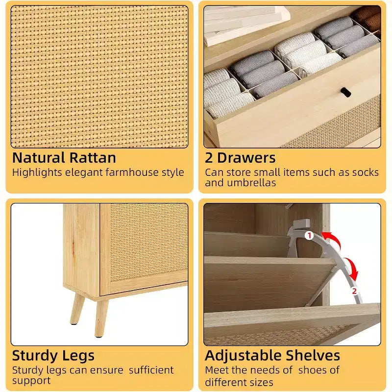 Farmhouse Rattan Entryway Shoe Cabinet, 4 Turn Drawers, 2 Pull-Out Drawers, Hidden Shoe Rack, for Hallway, Living Room