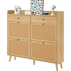 Farmhouse Rattan Entryway Shoe Cabinet, 4 Turn Drawers, 2 Pull-Out Drawers, Hidden Shoe Rack, for Hallway, Living Room