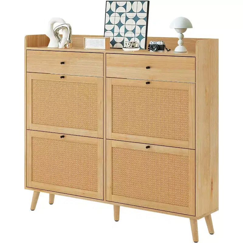 Farmhouse Rattan Entryway Shoe Cabinet, 4 Turn Drawers, 2 Pull-Out Drawers, Hidden Shoe Rack, for Hallway, Living Room