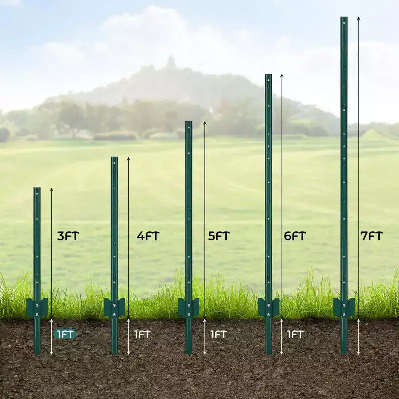 7 FT U- Metal Fence Posts 12 Pack. Rustproof Green Coated Steel Fence Stakes for Garden Lawn Fencing