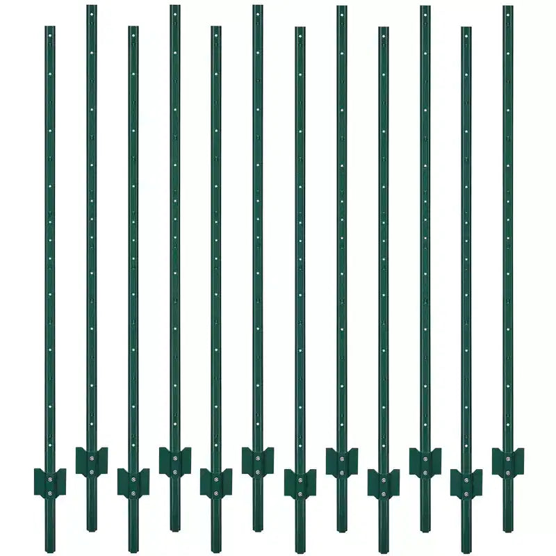 7 FT U- Metal Fence Posts 12 Pack. Rustproof Green Coated Steel Fence Stakes for Garden Lawn Fencing