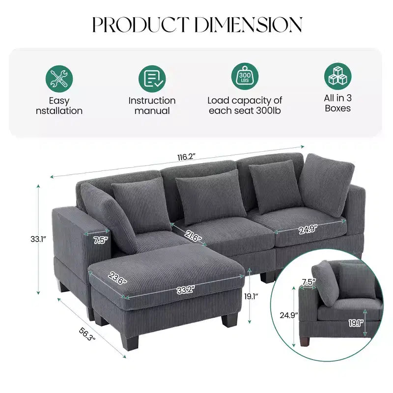 Corduroy Convertible Modular Sectional Sofa with Ottomans, Configurable Couch for Living Room, Easy Assembly