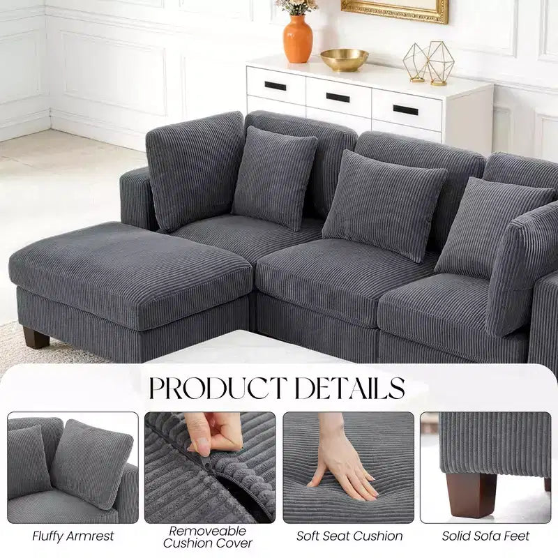 Corduroy Convertible Modular Sectional Sofa with Ottomans, Configurable Couch for Living Room, Easy Assembly