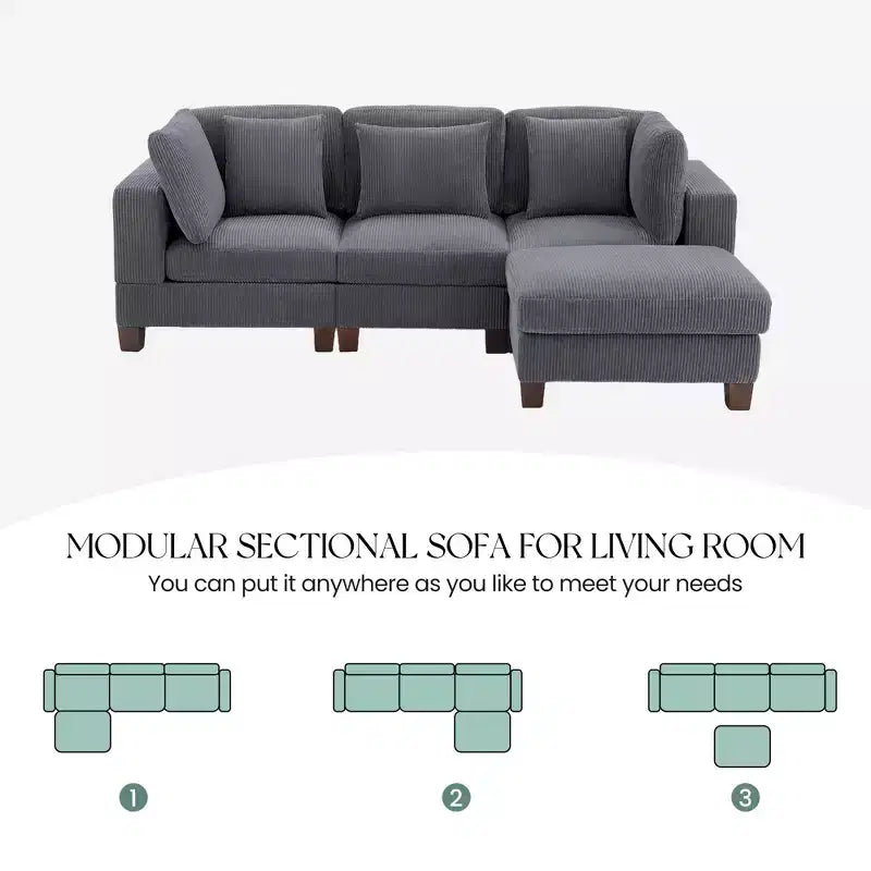Corduroy Convertible Modular Sectional Sofa with Ottomans, Configurable Couch for Living Room, Easy Assembly