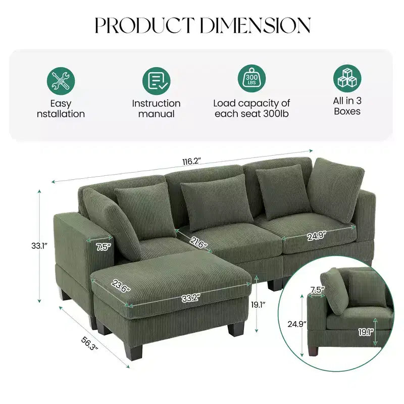 Corduroy Convertible Modular Sectional Sofa with Ottomans, Configurable Couch for Living Room, Easy Assembly