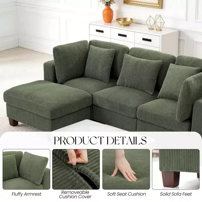 Corduroy Convertible Modular Sectional Sofa with Ottomans, Configurable Couch for Living Room, Easy Assembly