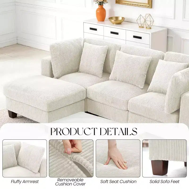 Corduroy Convertible Modular Sectional Sofa with Ottomans, Configurable Couch for Living Room, Easy Assembly