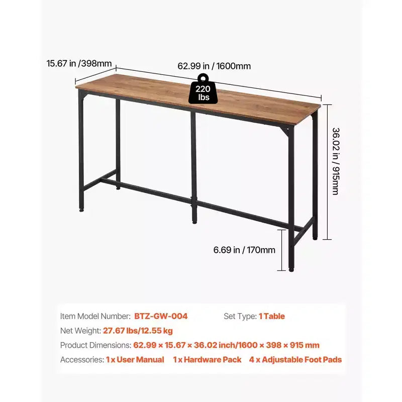 VEVOR Bar Table, 1PCS 53 Kitchen Bar Table, Tall Dining Tables with Rounded Edge, Rectangular High Top Kitchen Tables, Brown&Black