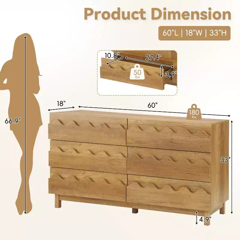 GDFStudio Eunice 60 Modern Wood 6-Drawer Dresser with Wave Front Design