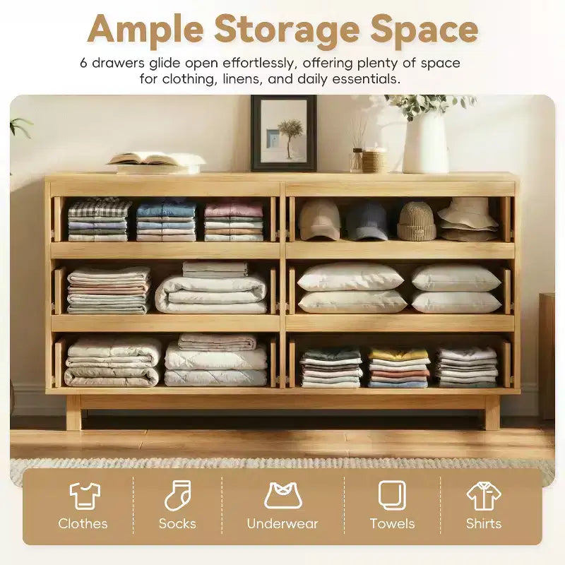 GDFStudio Eunice 60 Modern Wood 6-Drawer Dresser with Wave Front Design