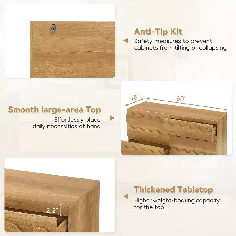 GDFStudio Eunice 60 Modern Wood 6-Drawer Dresser with Wave Front Design
