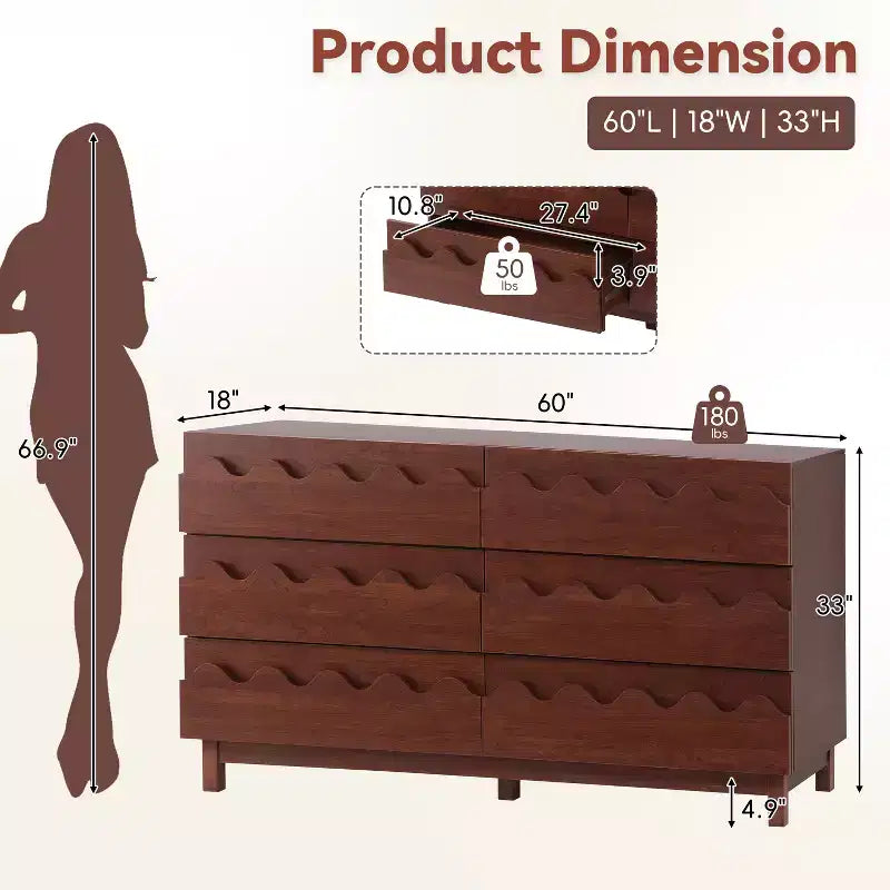 GDFStudio Eunice 60 Modern Wood 6-Drawer Dresser with Wave Front Design