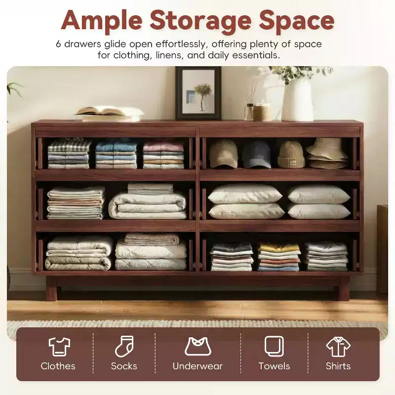 GDFStudio Eunice 60 Modern Wood 6-Drawer Dresser with Wave Front Design