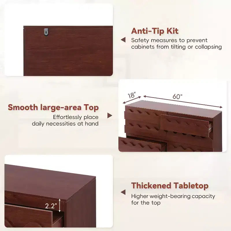 GDFStudio Eunice 60 Modern Wood 6-Drawer Dresser with Wave Front Design