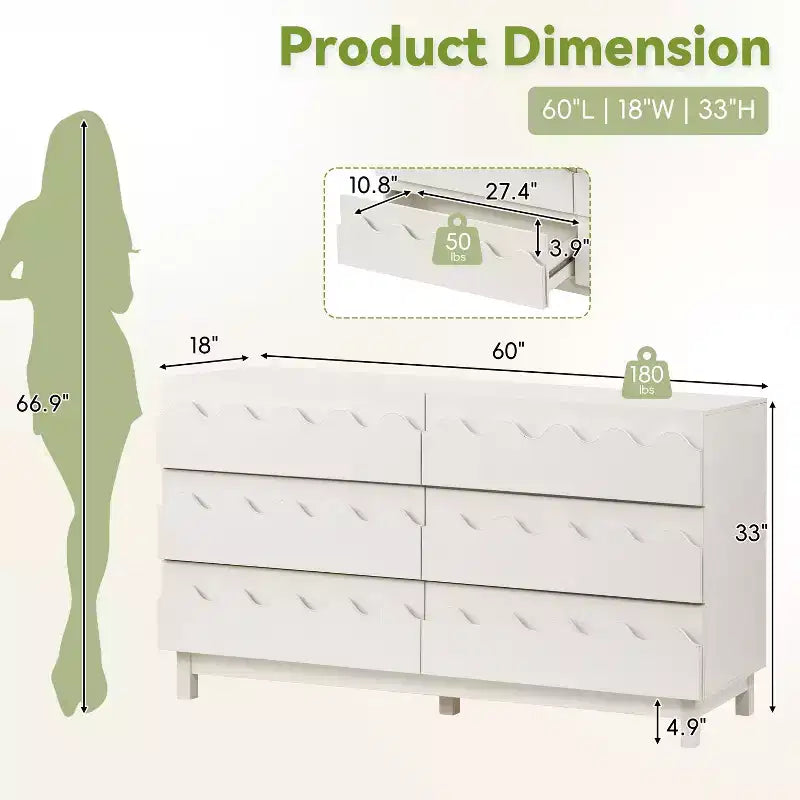 GDFStudio Eunice 60 Modern Wood 6-Drawer Dresser with Wave Front Design