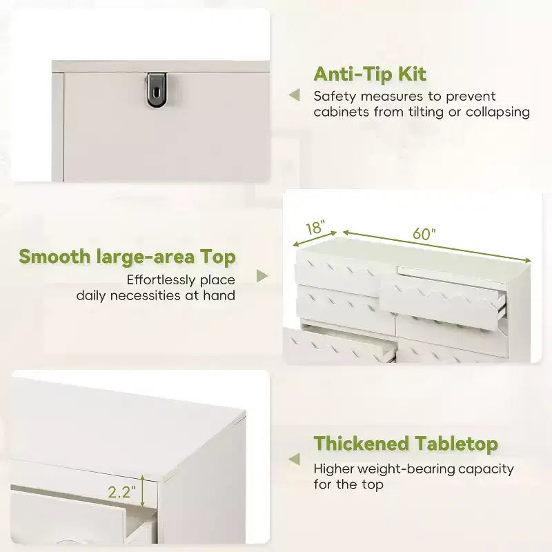 GDFStudio Eunice 60 Modern Wood 6-Drawer Dresser with Wave Front Design