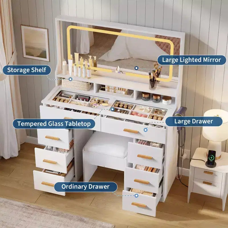 42 Vanity Desk with LED Lighted Mirror & Power Outlet - Modern Makeup Dressing Table with 8 Drawers, Glass Top, Cushioned Stool & Hairdryer Holder