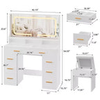 42 Vanity Desk with LED Lighted Mirror & Power Outlet - Modern Makeup Dressing Table with 8 Drawers, Glass Top, Cushioned Stool & Hairdryer Holder