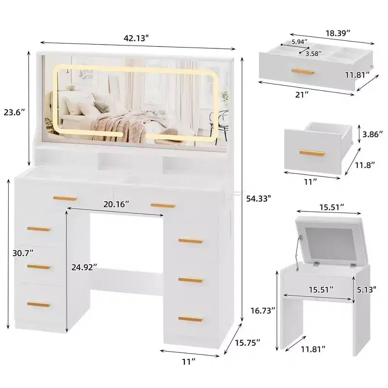 42 Vanity Desk with LED Lighted Mirror & Power Outlet - Modern Makeup Dressing Table with 8 Drawers, Glass Top, Cushioned Stool & Hairdryer Holder