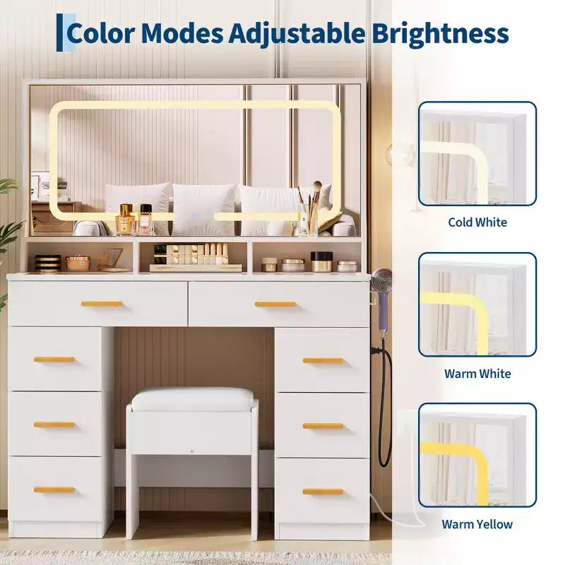 42 Vanity Desk with LED Lighted Mirror & Power Outlet - Modern Makeup Dressing Table with 8 Drawers, Glass Top, Cushioned Stool & Hairdryer Holder