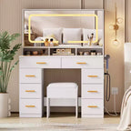 42 Vanity Desk with LED Lighted Mirror & Power Outlet - Modern Makeup Dressing Table with 8 Drawers, Glass Top, Cushioned Stool & Hairdryer Holder