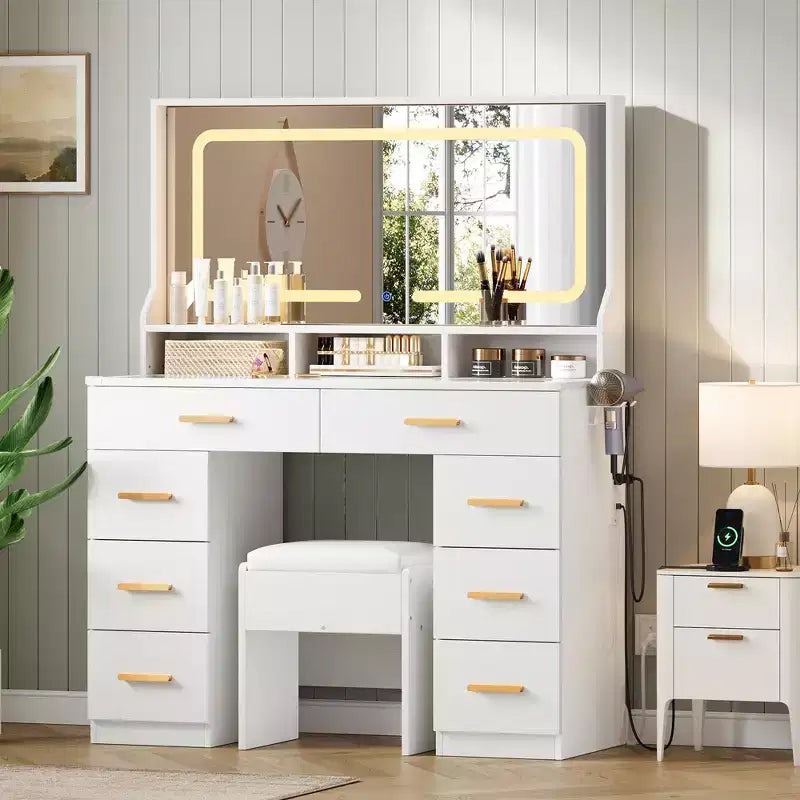 42 Vanity Desk with LED Lighted Mirror & Power Outlet - Modern Makeup Dressing Table with 8 Drawers, Glass Top, Cushioned Stool & Hairdryer Holder