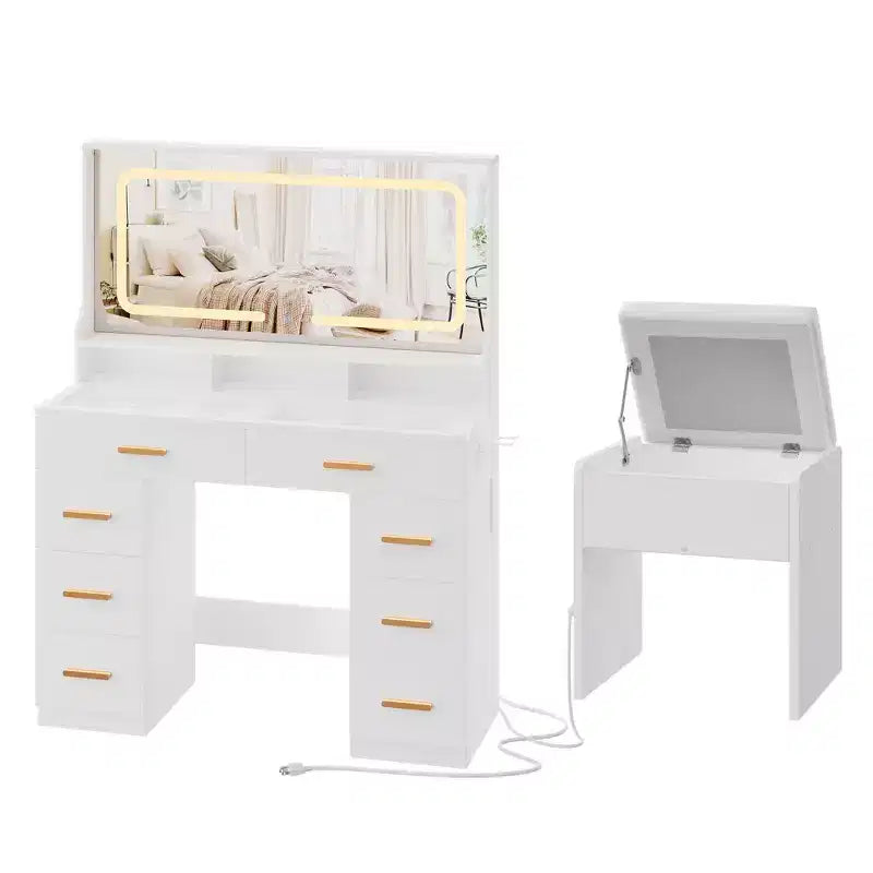 42 Vanity Desk with LED Lighted Mirror & Power Outlet - Modern Makeup Dressing Table with 8 Drawers, Glass Top, Cushioned Stool & Hairdryer Holder