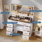 42 Vanity Desk with LED Lighted Mirror & Power Outlet - Modern Makeup Dressing Table with 8 Drawers, Glass Top, Cushioned Stool & Hairdryer Holder