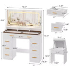 42 Vanity Desk with LED Lighted Mirror & Power Outlet - Modern Makeup Dressing Table with 8 Drawers, Glass Top, Cushioned Stool & Hairdryer Holder