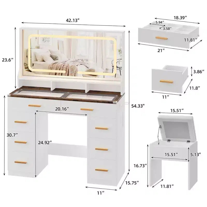 42 Vanity Desk with LED Lighted Mirror & Power Outlet - Modern Makeup Dressing Table with 8 Drawers, Glass Top, Cushioned Stool & Hairdryer Holder