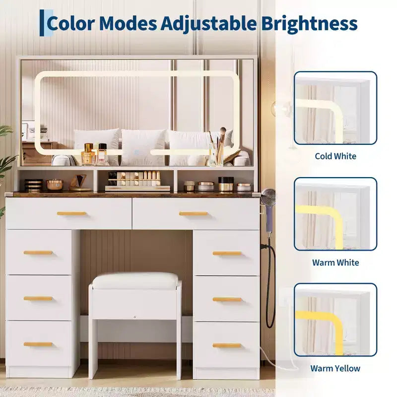 42 Vanity Desk with LED Lighted Mirror & Power Outlet - Modern Makeup Dressing Table with 8 Drawers, Glass Top, Cushioned Stool & Hairdryer Holder