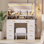 42 Vanity Desk with LED Lighted Mirror & Power Outlet - Modern Makeup Dressing Table with 8 Drawers, Glass Top, Cushioned Stool & Hairdryer Holder
