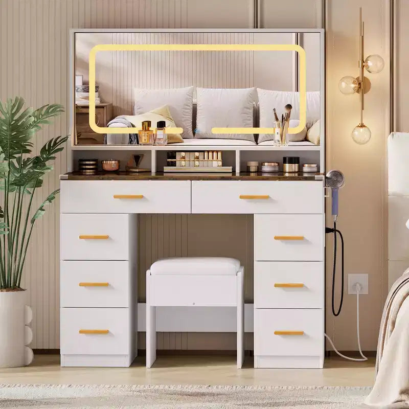 42 Vanity Desk with LED Lighted Mirror & Power Outlet - Modern Makeup Dressing Table with 8 Drawers, Glass Top, Cushioned Stool & Hairdryer Holder
