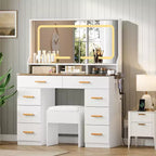 42 Vanity Desk with LED Lighted Mirror & Power Outlet - Modern Makeup Dressing Table with 8 Drawers, Glass Top, Cushioned Stool & Hairdryer Holder