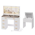 42 Vanity Desk with LED Lighted Mirror & Power Outlet - Modern Makeup Dressing Table with 8 Drawers, Glass Top, Cushioned Stool & Hairdryer Holder
