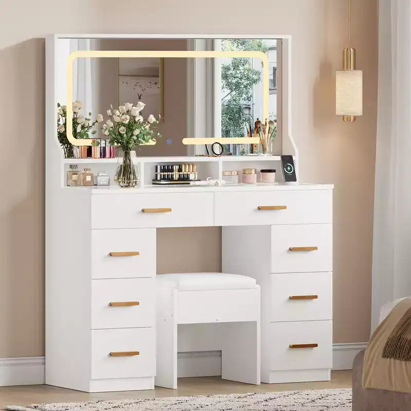 42 Vanity Desk with LED Lighted Mirror & Power Outlet - Modern Makeup Dressing Table with 8 Drawers, Glass Top, Cushioned Stool & Hairdryer Holder