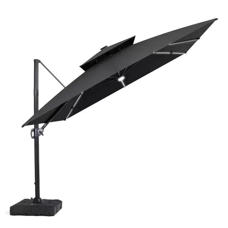 11FT Crestlive Products 2-Tier Top Outdoor Patio Cantilever Umbrella With Solar Light Strips Offset 360 Rotation Wheel Base 350lbs Max