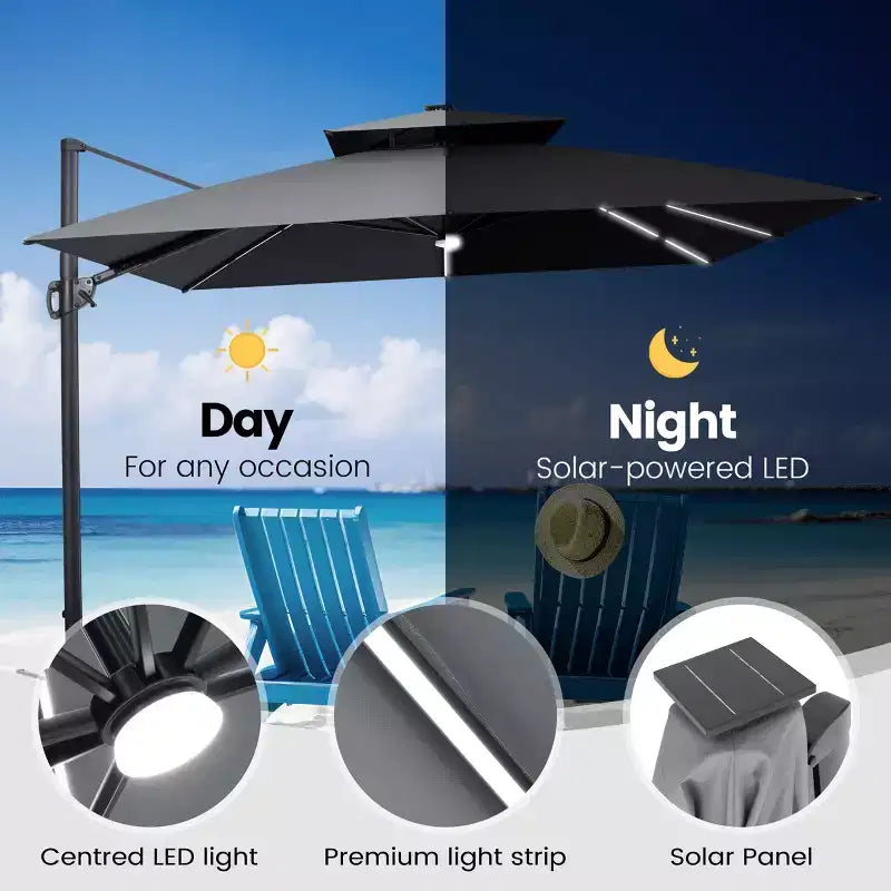 11FT Crestlive Products 2-Tier Top Outdoor Patio Cantilever Umbrella With Solar Light Strips Offset 360 Rotation Wheel Base 350lbs Max