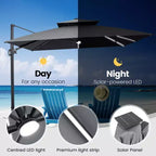 11FT Crestlive Products 2-Tier Top Outdoor Patio Cantilever Umbrella With Solar Light Strips Offset 360 Rotation Wheel Base 350lbs Max